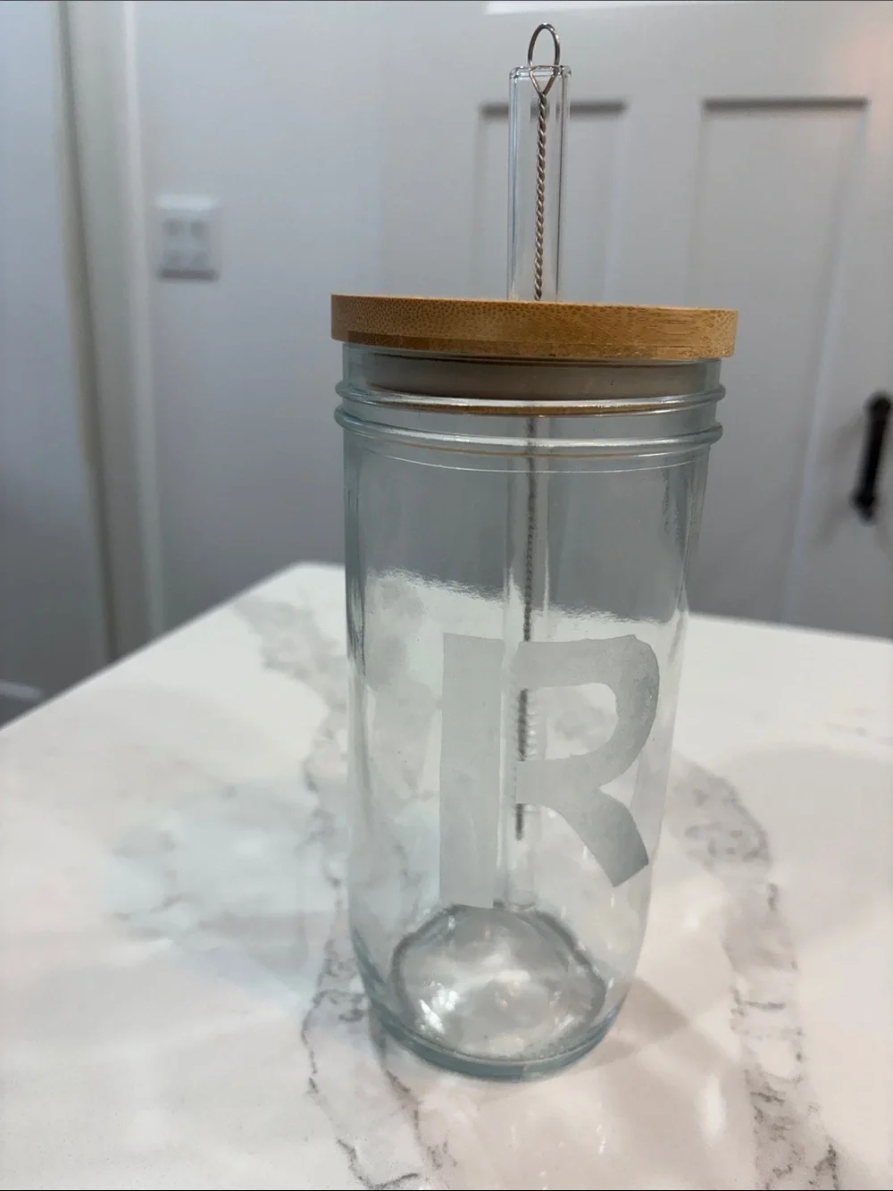 Monogram R Glass Drinking Jar with Bamboo Lid and Straw - Clear
